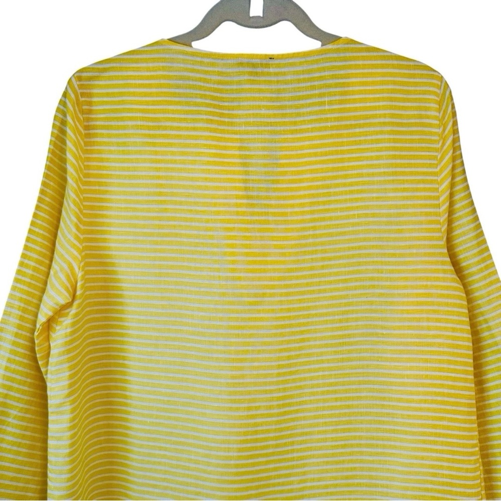 Talbots M Linen Top Yellow White Stripe V Notch Embroidery Beaded Coastal Beach - Picture 10 of 13